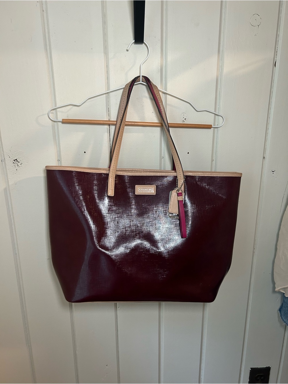 Coach Burgundy Patent Leather Tote with Tan‎ Trim and Pink Charm